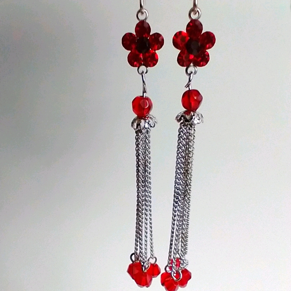 Red Flower chain earring and pendant set